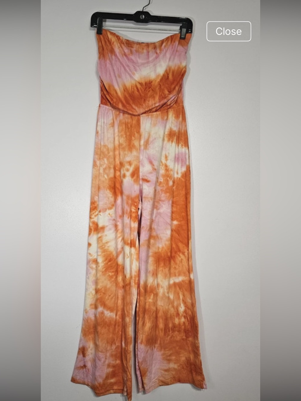 Discreet Orange Pink Tie-Dye Strapless Wide-Leg Jumpsuit (stretchy)
